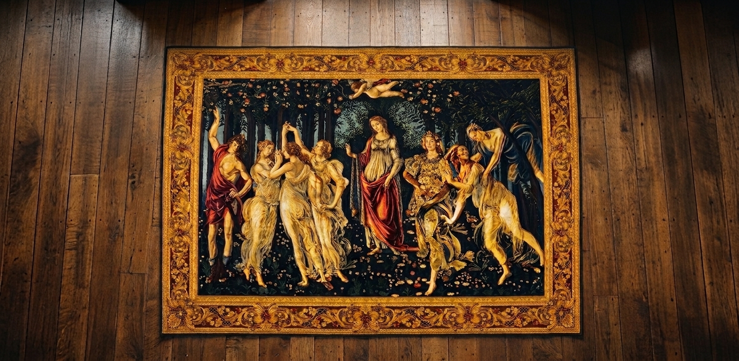 Mitolojik Botticelli Primavera desenli lüks duvar halısı ve ahşap zemin dekorasyonu.