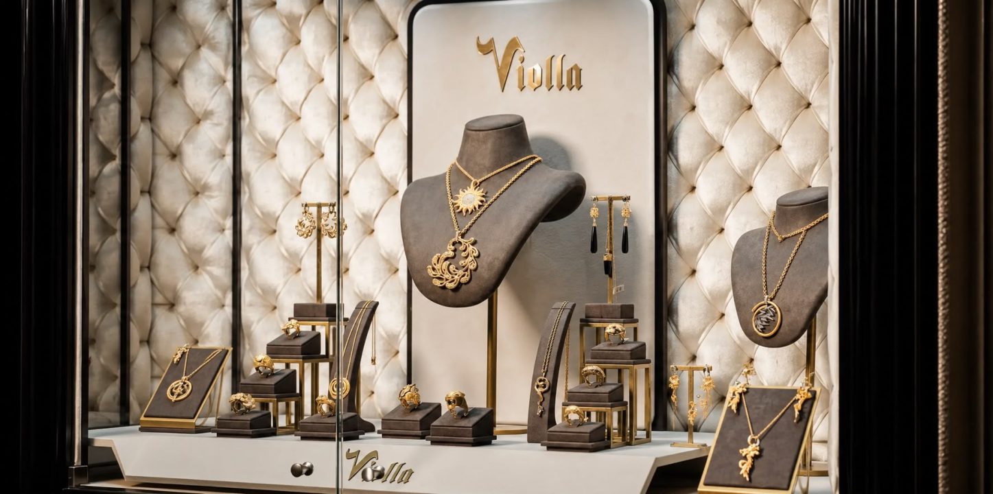 Violla lüks mücevherat mağazası vitrininde sergilenen altın kolye modelleri, özel tasarım yüzükler ve küpe setleri.