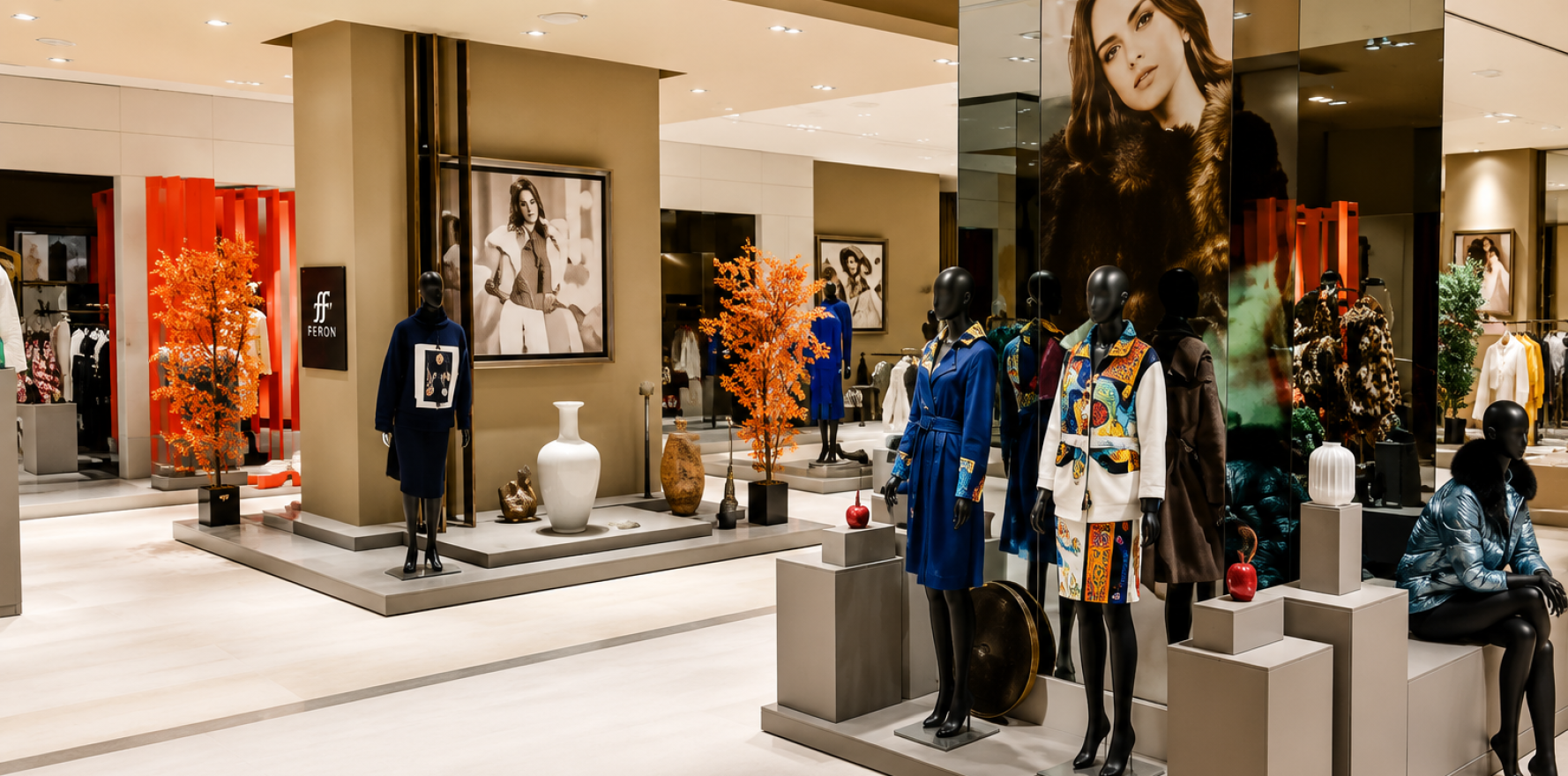 FERON Leather & Fur Antalya showroom interior with luxury leather jackets, fur coats and premium fashion collection for Russian and international tourists. Магазин кожи и меха FERON в Анталии.